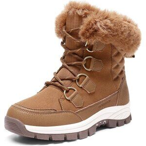 Women’s Tan Waterproof Snow Boots Warm Faux Fur Lace Up Mid Calf
